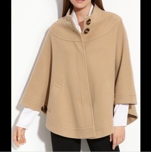 Helene Berman London Wool Cashmere Cape Coat Tan Hidden Button Front Size L
